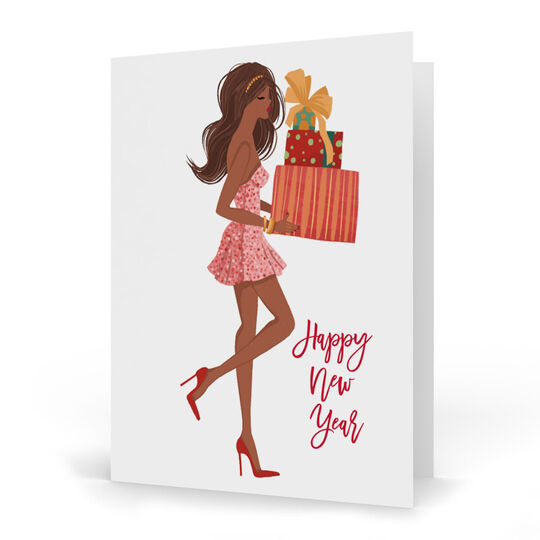 Multicultural Girl with Gifts Folded Christmas Cards